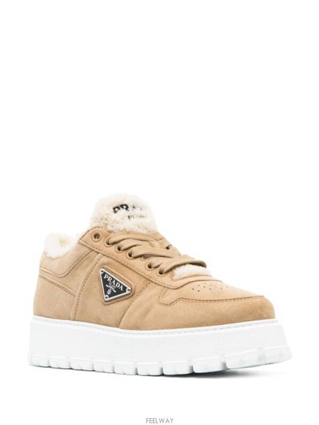 Triangle Logo Shearling Suede Low-Top Sneakers Ecru - PRADA - BALAAN 3