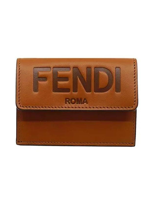 Logo Tri-Fold Leather Half Wallet Brown - FENDI - BALAAN 2