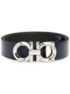 Reversible Gancini Leather Belt Navy Black - SALVATORE FERRAGAMO - BALAAN.