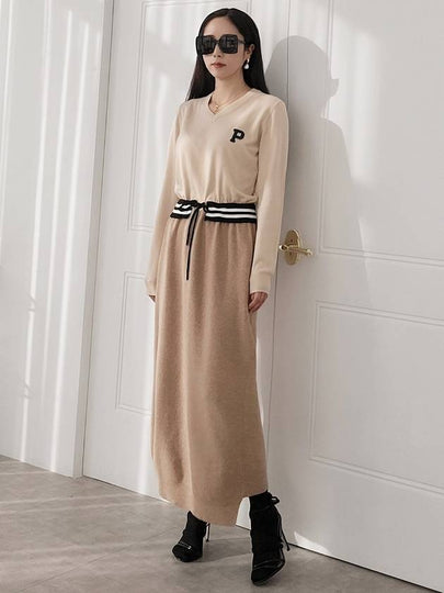 Women's P Logo Maxi Knit Long Dress Beige - PRETONE - BALAAN 2