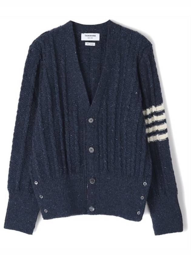 Donegal Twist Cable 4 Bar Classic V Neck Cardigan Blue - THOM BROWNE - BALAAN 2