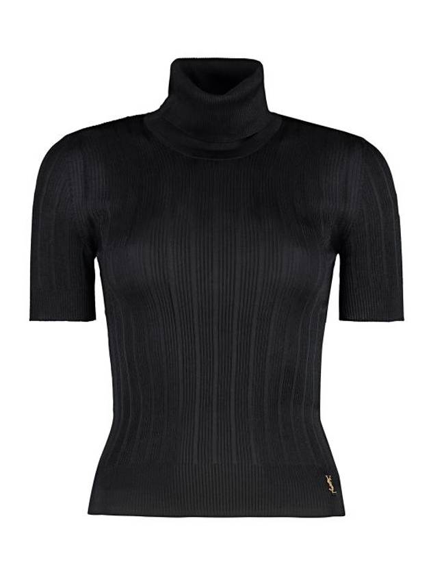 Rib Silk Monogram Short Sleeve Turtleneck Black - SAINT LAURENT - BALAAN 2