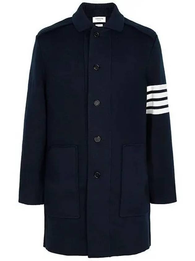 Cotton Cashmere Interlock 4-Bar Polo Collar Overcoat Navy - THOM BROWNE - BALAAN 2