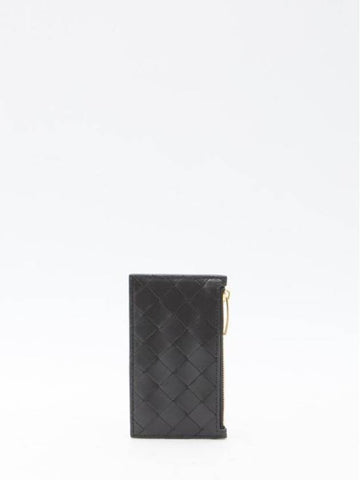 Intrecciato Slim Zipper Leather Card Wallet Black - BOTTEGA VENETA - BALAAN 1