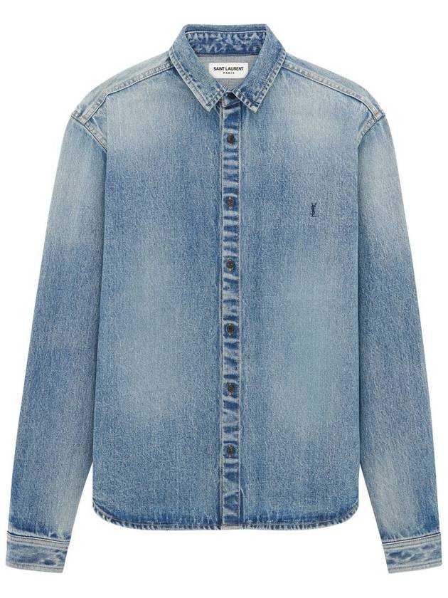 Men's Cassandre Logo Denim Long Sleeve Shirt Blue - SAINT LAURENT - BALAAN 2