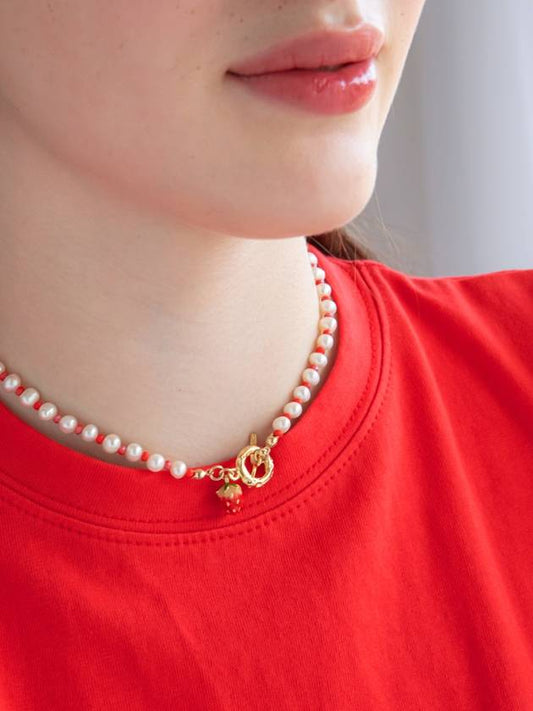 Strawberry Natural Pearl Beads Toggle Necklace Red - SOSOO - BALAAN 2