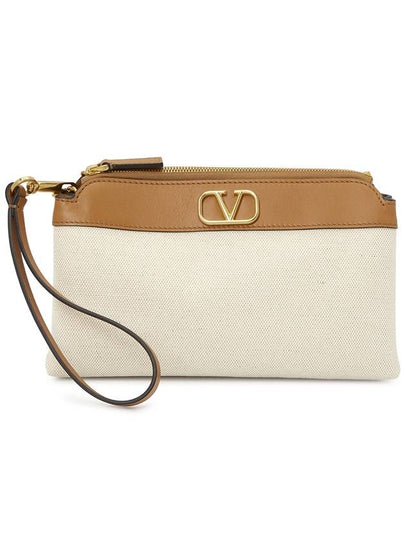 V Logo Signature Canvas Clutch Bag Brown Beige - VALENTINO - BALAAN 2