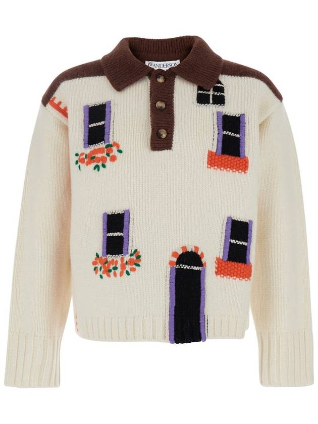 'House' White Polo Shirt Style Sweater With Embroidery On The Front In Wool Man - JW ANDERSON - BALAAN 1