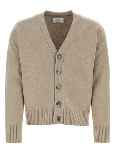 V-Neck Knit Wool Cashmere Cardigan Beige - AMI - BALAAN 1