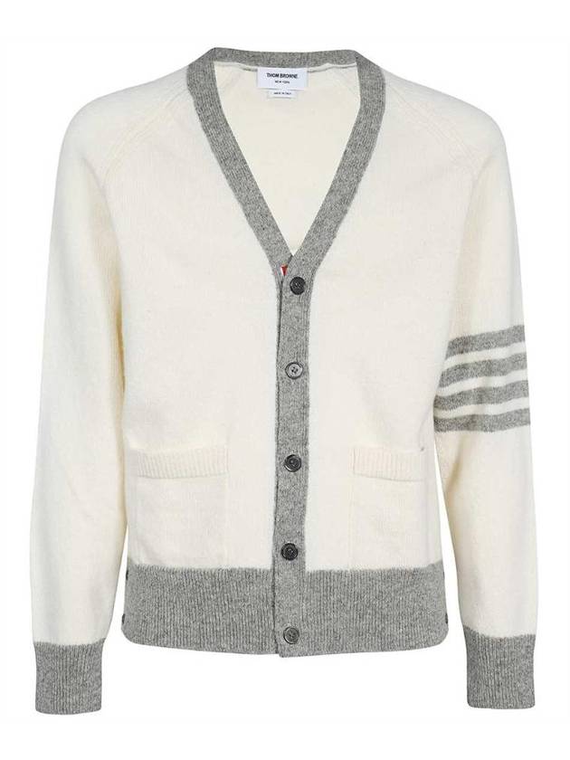 V-Neck 4-Bar Wool Cardigan White - THOM BROWNE - BALAAN 1