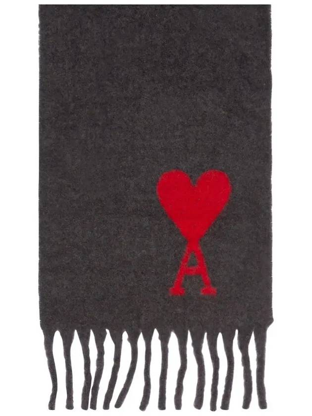 Heart Logo Oversized Wool Fringe Scarf Dark Grey - AMI - BALAAN 5