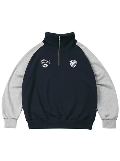 Half Zip-Up Raglan Embroidery Sweatshirt Navy - MOO - BALAAN 2