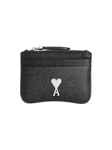 Metal Logo Zipper Leather Card Wallet Black - AMI - BALAAN 1