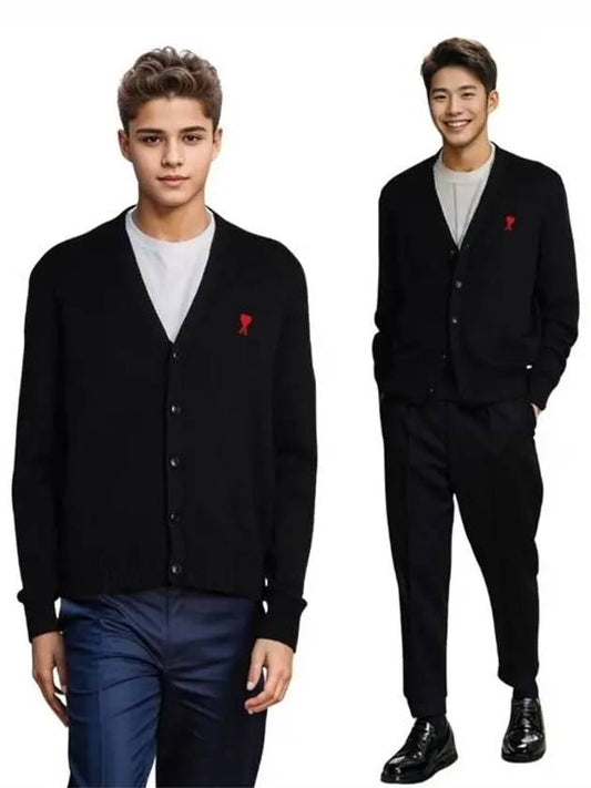 Heart Logo Merino Wool Cardigan Black - AMI - BALAAN 2