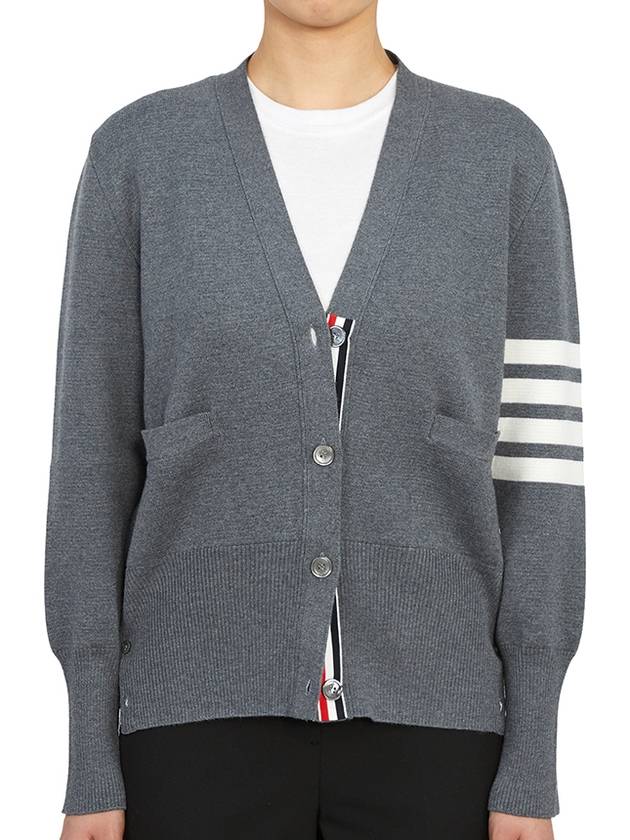 Milano Stitch 4 Bar Classic V Neck Fine Merino Wool Cardigan Medium Grey - THOM BROWNE - BALAAN 4