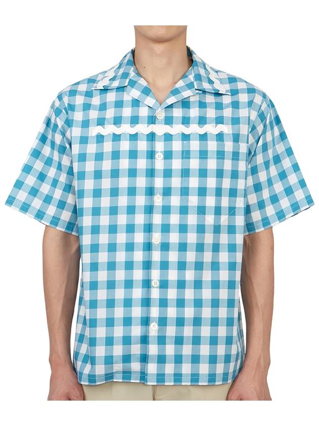 Check Short Sleeve Shirt Blue - PRADA - BALAAN 3