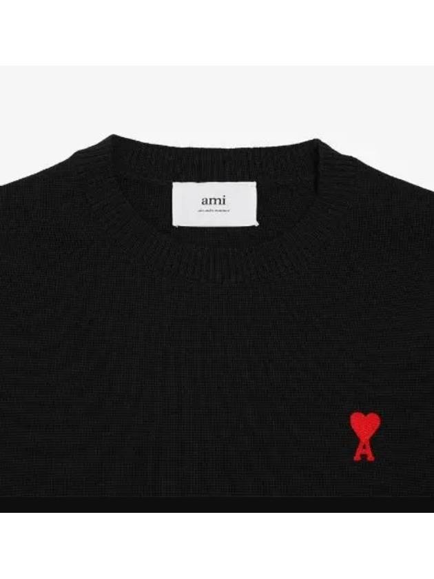 Heart Embroidered Logo Crew Neck Knit Top Black - AMI - BALAAN 4