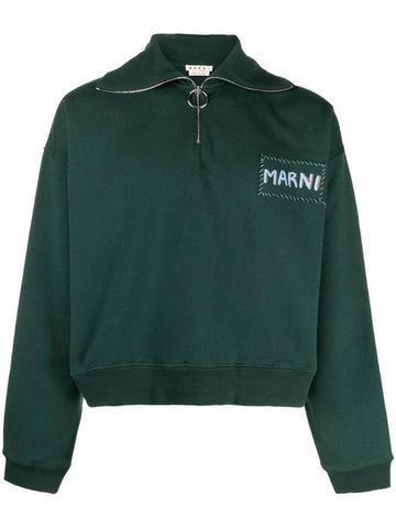 Logo Print Short Zipper Sweatshirt Green - MARNI - BALAAN 1