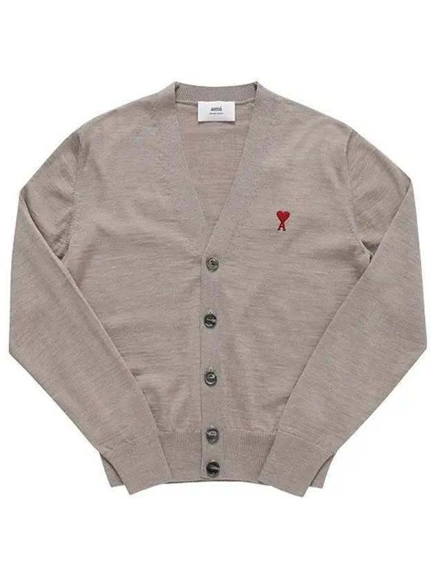 Red Heart Logo Merino Wool Cardigan Beige - AMI - BALAAN 3