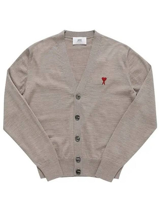 Red Heart Logo Merino Wool Cardigan Beige - AMI - BALAAN 2