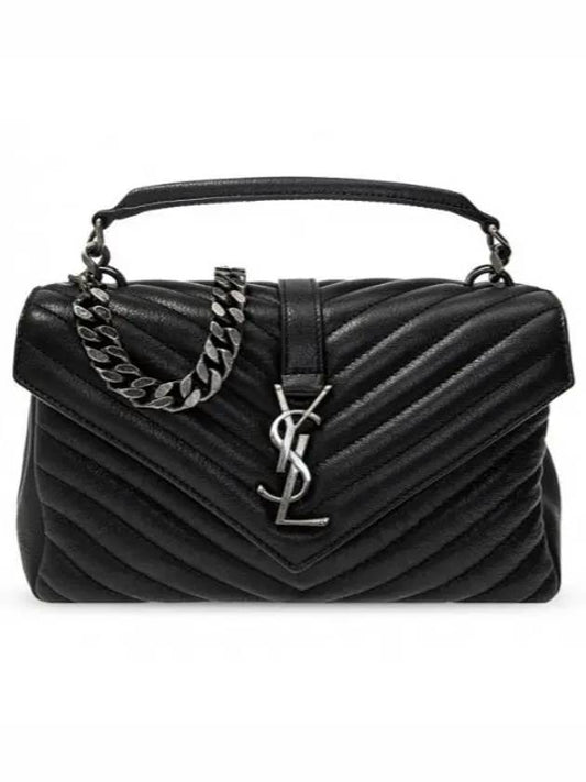 Silver Monogram College Medium Chain Crossbody Bag in Matelasse Leather Black - SAINT LAURENT - BALAAN 2