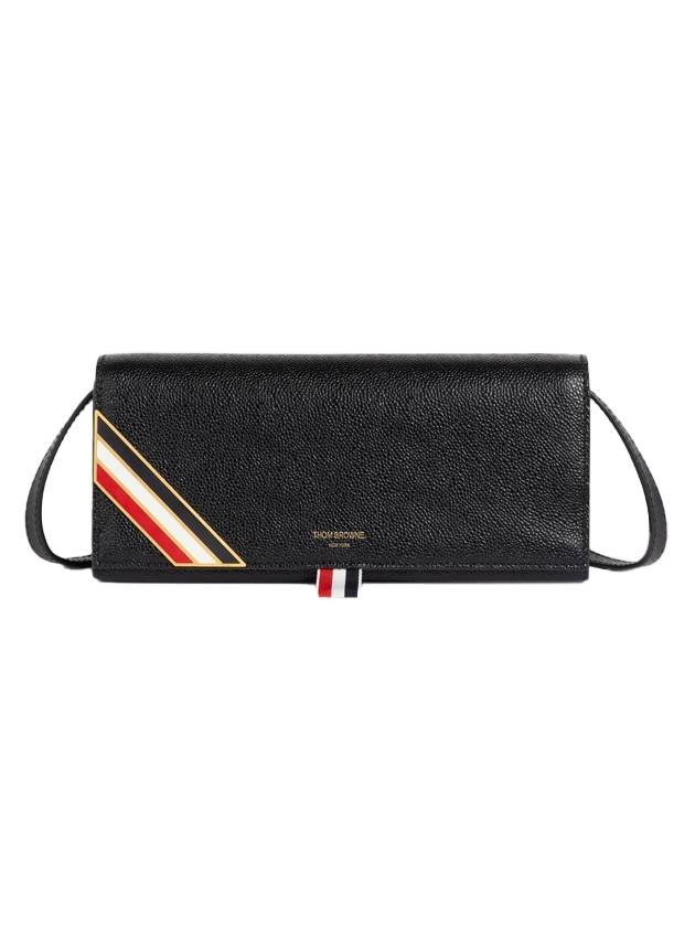 Corner Stripe Pebbled Calfskin Leather Flap Clutch Bag Black - THOM BROWNE - BALAAN 1