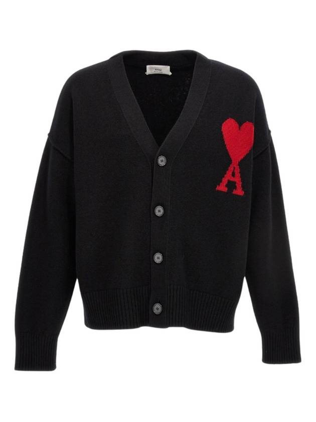 Heart Logo V Neck Wool Cardigan Black - AMI - BALAAN 2