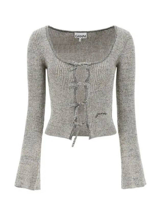 Sparkle Rib Tie Band Lurex Polyester Blouse Grey - GANNI - BALAAN 2