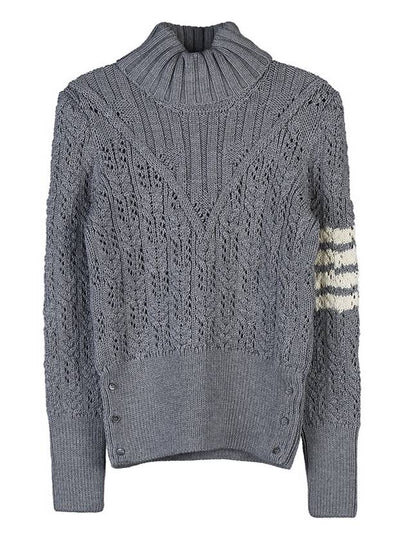 Women's 4 Bar Irish Pointelle Cable Merino Wool Turtleneck Grey - THOM BROWNE - BALAAN 2