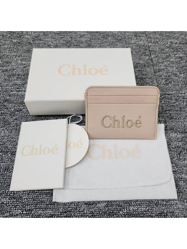 Sense Embroidered Logo Calfskin Card Wallet Light Beige - CHLOE - BALAAN 4