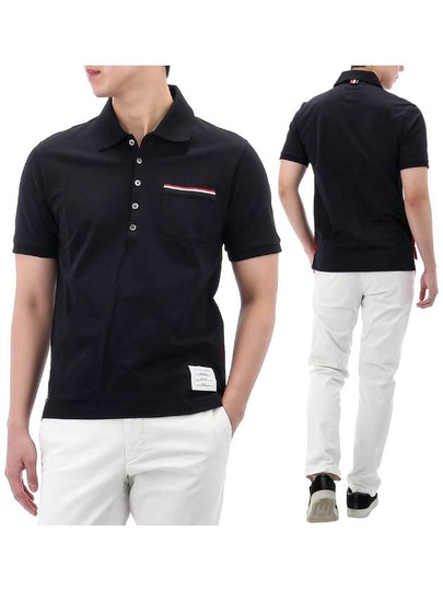 Men's Three Stripes Pocket Mercerized Short Sleeve Polo Shirt Navy - THOM BROWNE - BALAAN 2