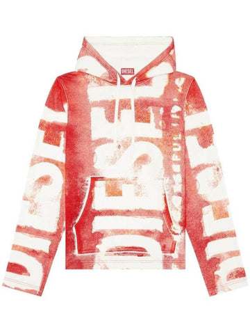 Watercolour-Effect Logo Print Drawstring Hoodie Red - DIESEL - BALAAN 1