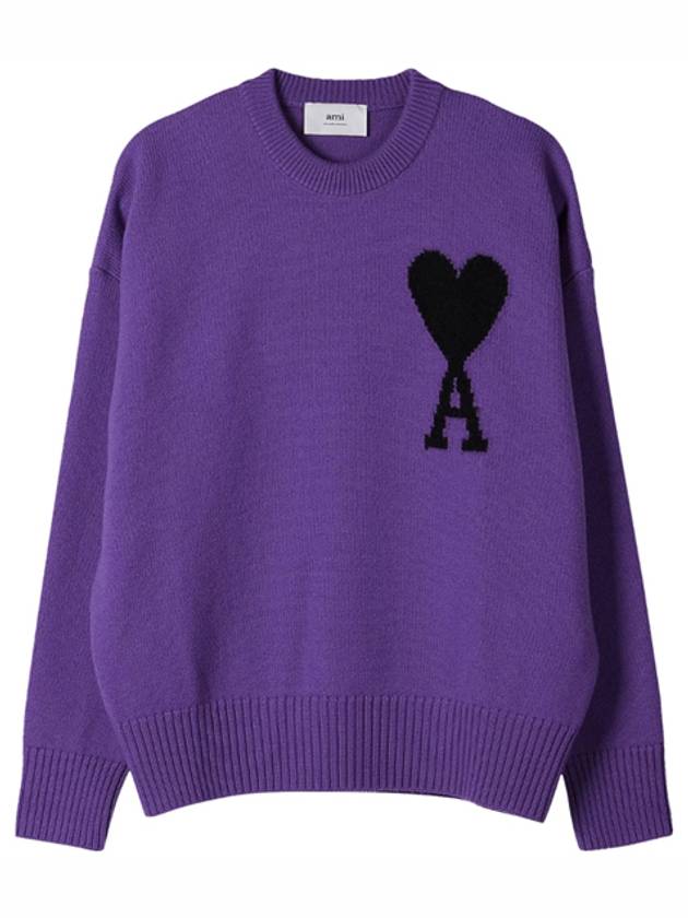 Big Heart Logo Wool Knit Top Purple Black - AMI - BALAAN 2