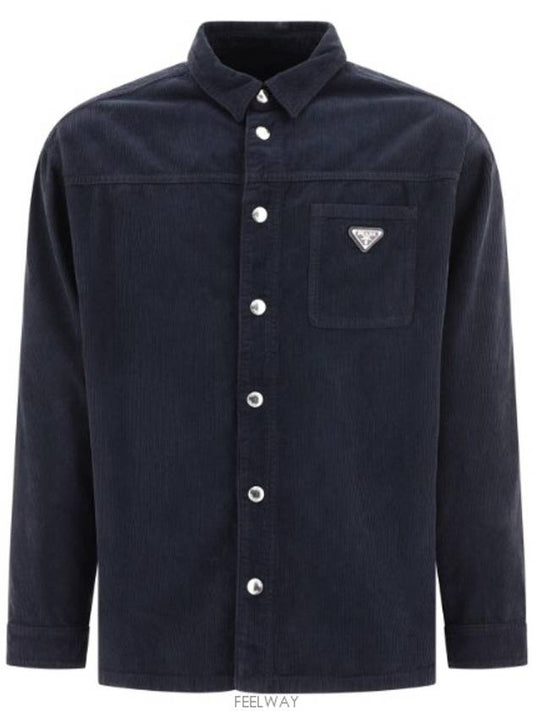 Triangle Logo Corduroy Long Sleeve Shirt Navy - PRADA - BALAAN 2