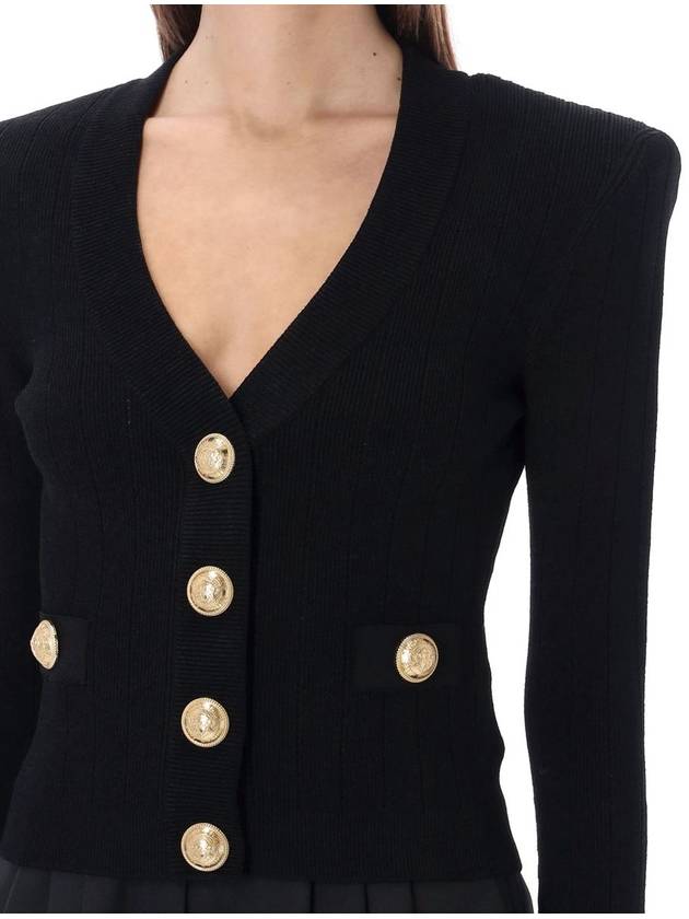 Button V-Neck Rib Knit Cardigan Black - BALMAIN - BALAAN 4