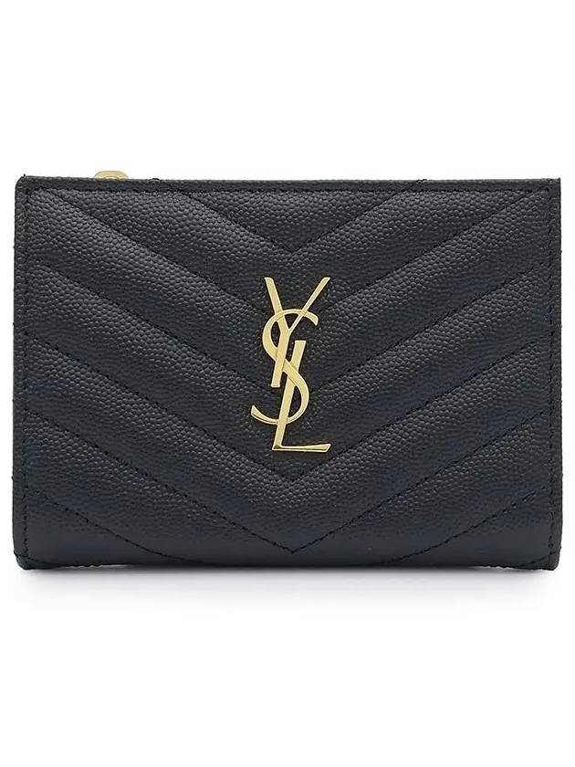 Grain Leather Quilted Stitch Card Wallet Black - SAINT LAURENT - BALAAN 3