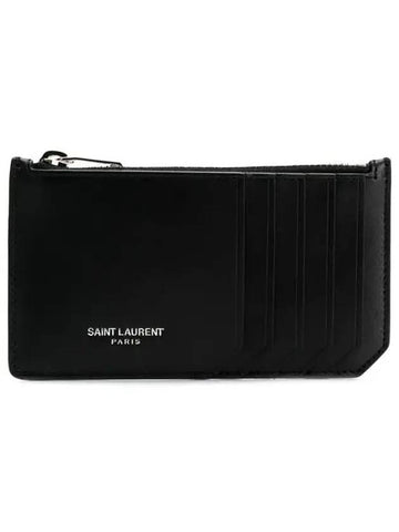 Lizard Pattern Embossed Fragment Zipper Card Wallet Black - SAINT LAURENT - BALAAN 1