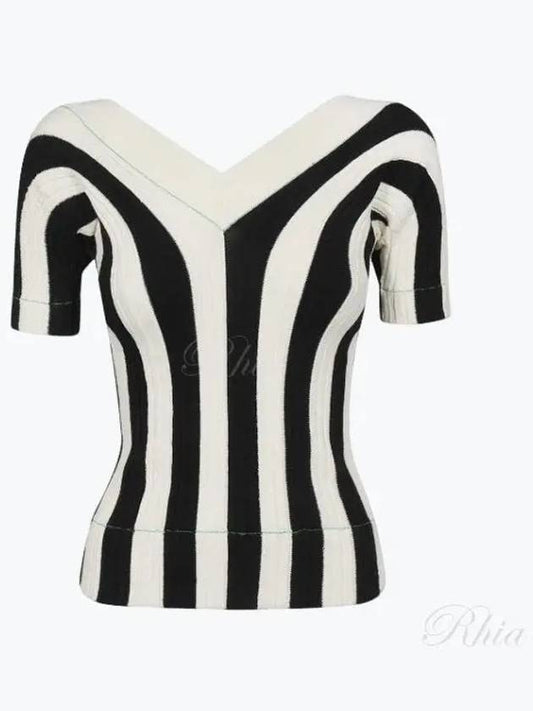 Striped V-neck Short Sleeve Knit Top - BOTTEGA VENETA - BALAAN 2