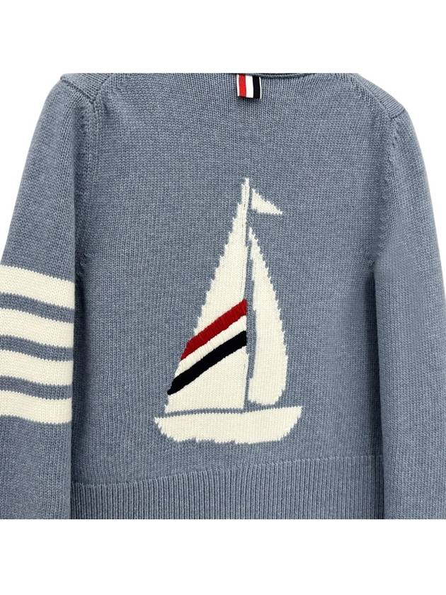 Women's Fine Merino Jersey Sailboat 4 Bar Boxy V Neck Cardigan Dark Blue - THOM BROWNE - BALAAN 5