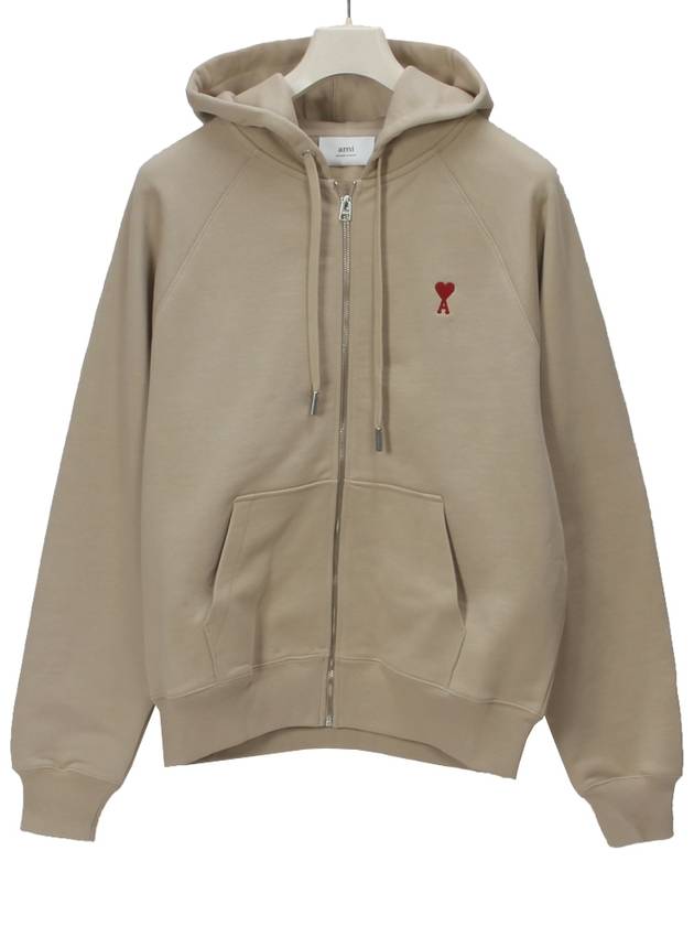 Small Heart Logo Cotton Zip Up Hoodie Champagne - AMI - BALAAN 2