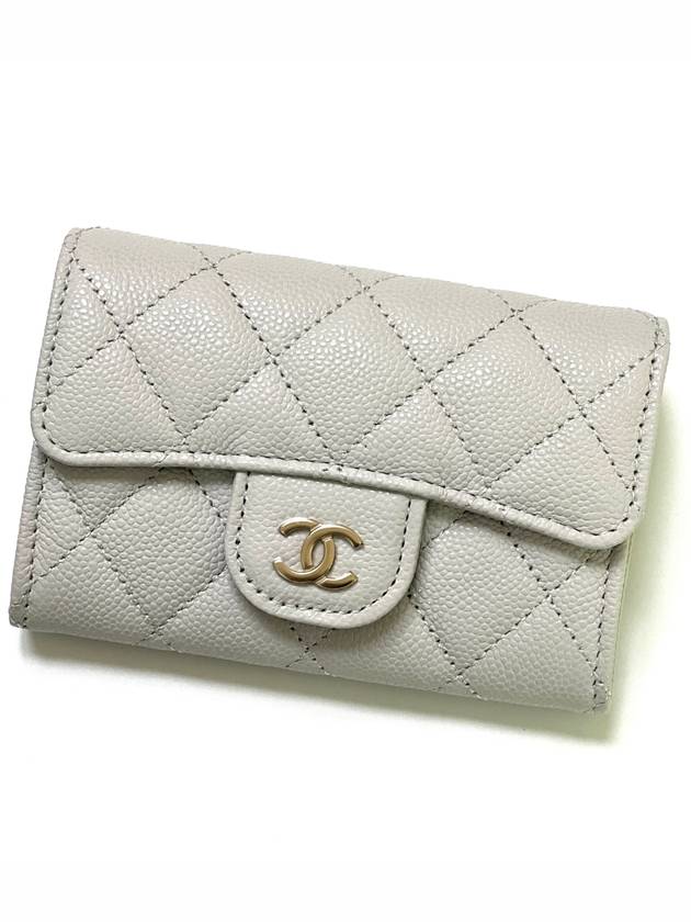 Classic Gold Logo Grained Shiny Calfskin Card Wallet Light Grey - CHANEL - BALAAN 2