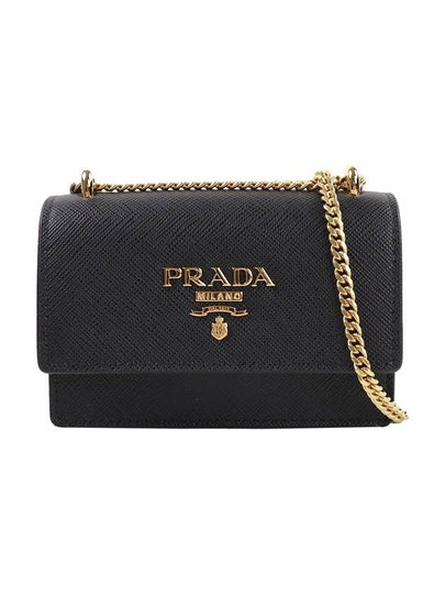 Saffiano Lettering Logo Chain Card Holder Mini Cross Bag Black - PRADA - BALAAN 2