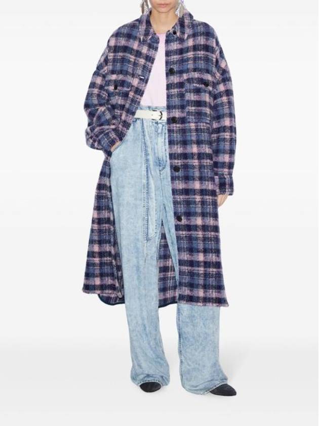 Fontizi Long Check Wool Single Coat Lilac Navy - ISABEL MARANT - BALAAN 3