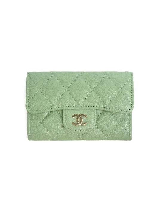 Classic Gold Hardware Logo Grained Shiny Calfskin Card Wallet Mint - CHANEL - BALAAN 1