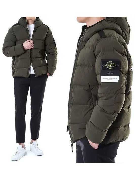 Seamless Logo Nylon Hooded Down Jacket Olive - STONE ISLAND - BALAAN 2