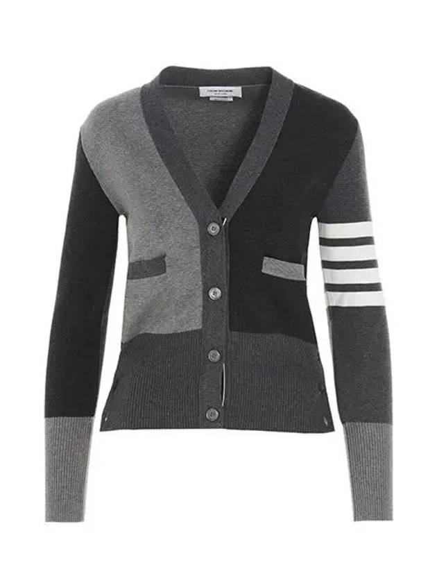 Women Diagonal V-neck Fun Mix Cardigan Grey - THOM BROWNE - BALAAN 3