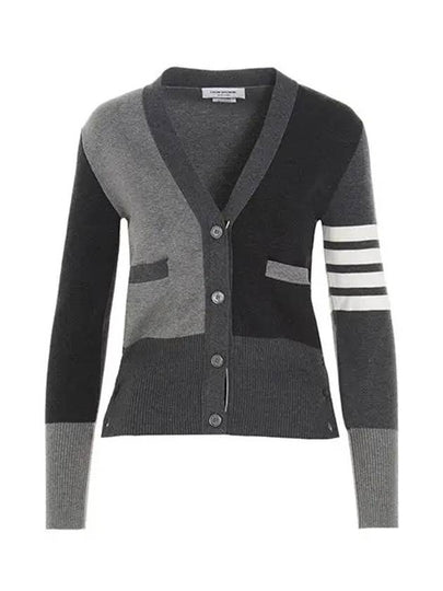 Women Diagonal V-neck Fun Mix Cardigan Grey - THOM BROWNE - BALAAN 2