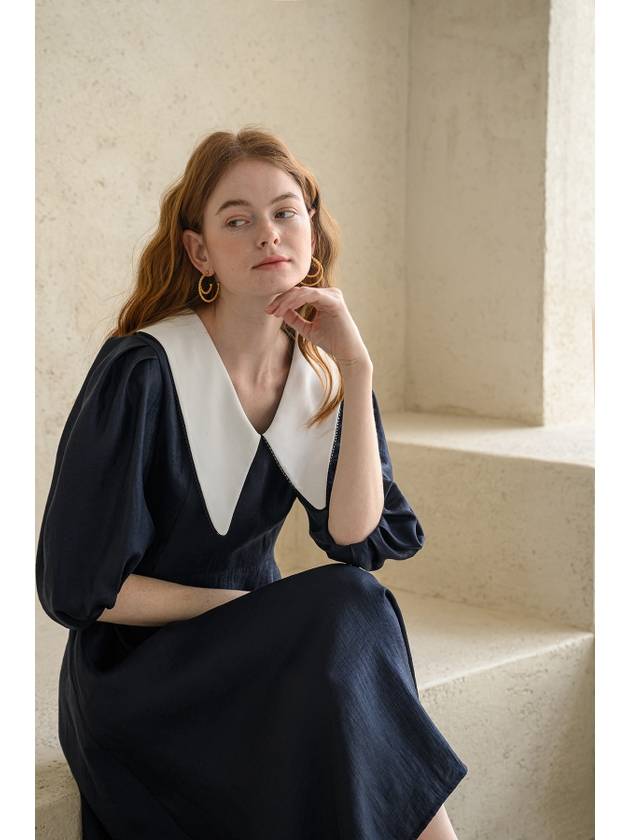 Puff sleeve wide collar A line long dress navy - CAHIERS - BALAAN 6