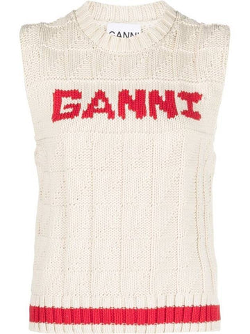 Women's Logo Knit Vest Beige - GANNI - BALAAN 1