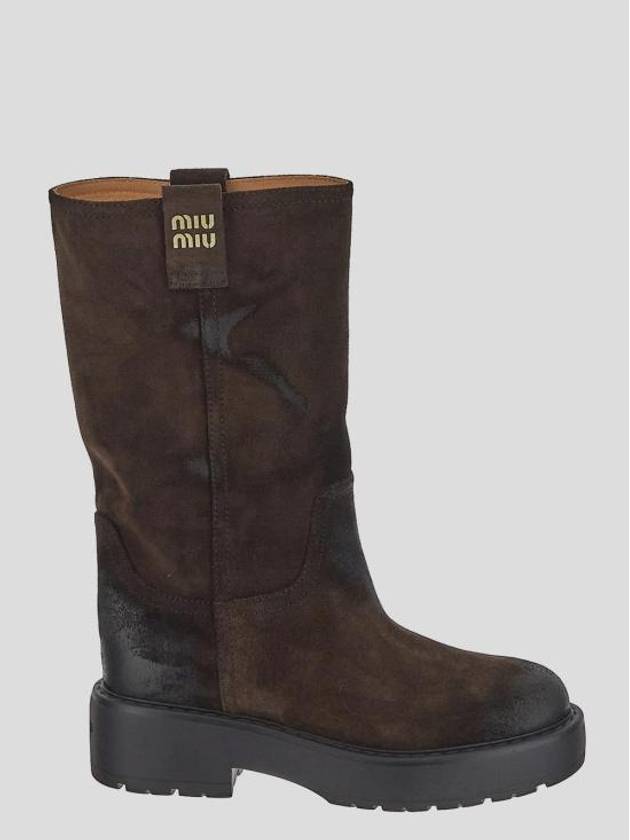 Logo Suede Middle Boots Dark Brown - MIU MIU - BALAAN 2